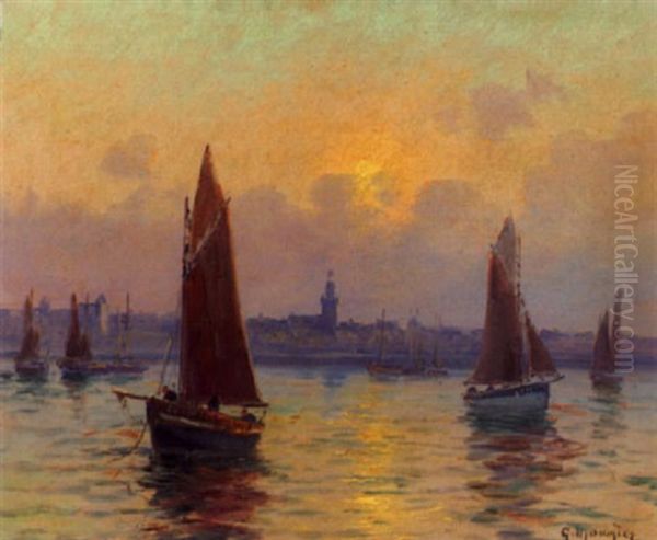 Fisherboote Vor Einem Hafen Oil Painting by Georges Philibert Charles Maroniez