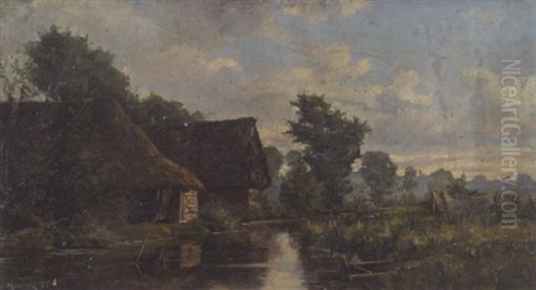 Fischerhutten Am Flussufer Oil Painting by Georges Philibert Charles Maroniez