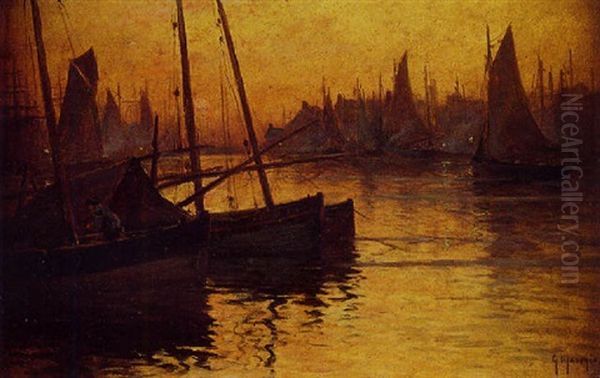 Bateaux Au Port Au Crepuscule Oil Painting by Georges Philibert Charles Maroniez