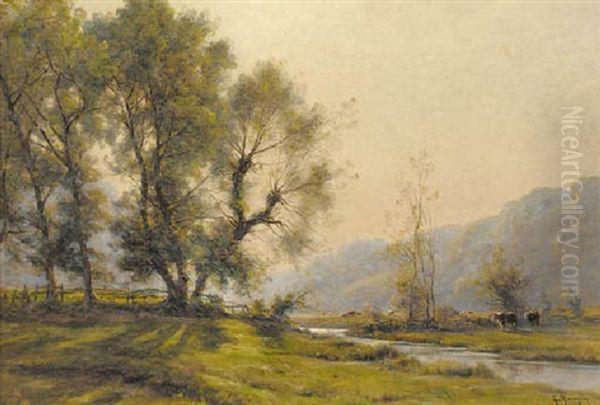 Cattle Grazing In A River Landscape Oil Painting by Georges Philibert Charles Maroniez