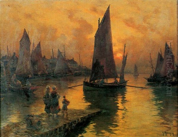 La Rentree Des Barques De Peche Au Soleil Couchant by Georges Philibert Charles Maroniez