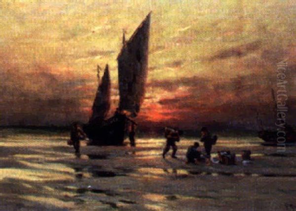 Fishermen Unloading Their Catch In The Sunset Oil Painting by Georges Philibert Charles Maroniez