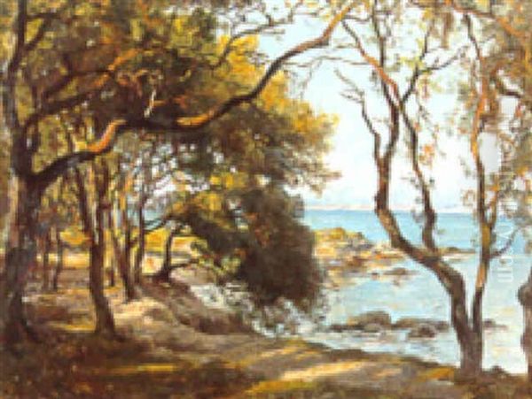 A Mediterranean Seascape Through A Grove Of Trees Oil Painting by Georges Philibert Charles Maroniez