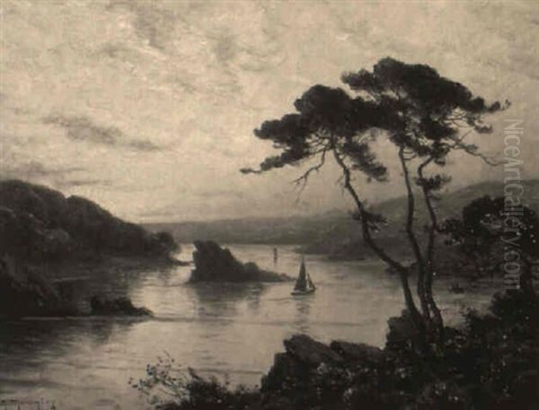 An Estuary Scene With A Sailing Boat At Sunset Oil Painting by Georges Philibert Charles Maroniez