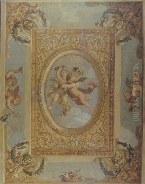 A Trompe L'oeil Ceiling Painting With Putti Disporting Oil Painting by Daniel Marot the Elder