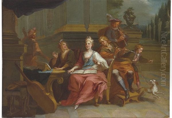 A Musical Company With A Boy And Dog (+ A Musical Company With A Man; Pair) Oil Painting by Francois Marot