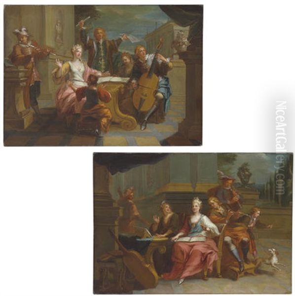 A Musical Company With A Boy And Dog (+ A Musical Company With A Man Playing A Viola Di Gamba; Pair) Oil Painting by Francois Marot