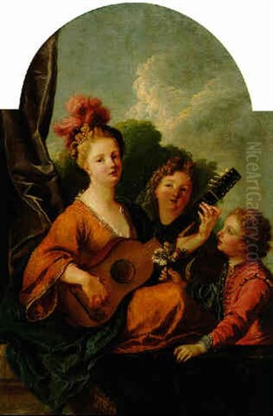 A Woman Playing Guitar At A Balustrade With A Girl And A Boy Listening Oil Painting by Francois Marot