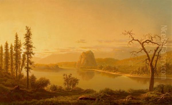 Entrance Of The Columbia River, Oregon, With Rooster Rock Beyond Oil Painting by William Lewis Marple