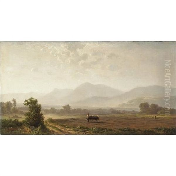 A Farmer And Cattle In A Field With Hills In The Distance Oil Painting by William Lewis Marple