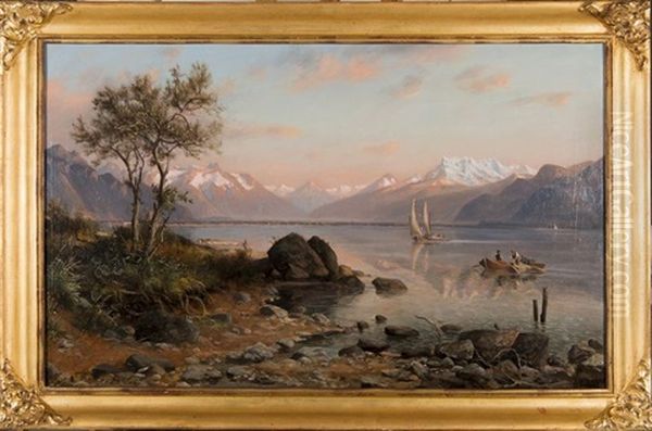 Bord Du Lac Leman Avec Les Dents Du Midi Se Refletant Dans L'eau by Francois Camille Marquiset