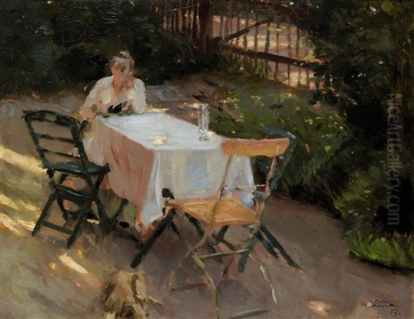 Frau Am Gartentisch (wohl Dora Marr) Oil Painting by Carl von Marr