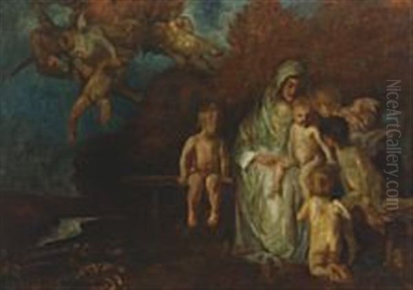 Madonna With The Infant Jesus And John The Baptist Surrounded By Putti by Carl von Marr