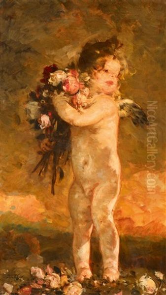 Amor Mit Rosenbouquet Oil Painting by Carl von Marr