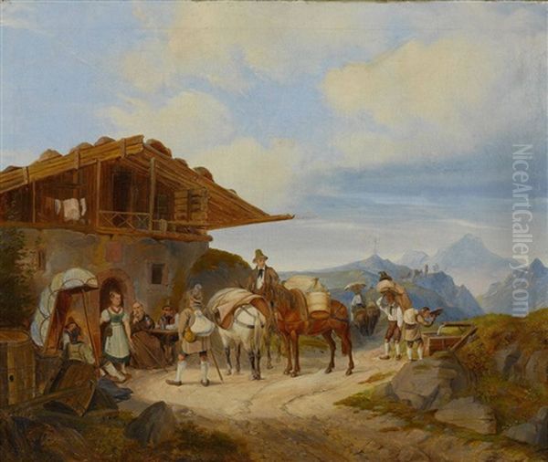 Rast Von Sommerfrischlern Und Tragern Auf Der Alm Oil Painting by Heinrich Marr