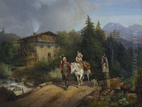 Tiroler Bauer Mit Seinem Auf Einem Pferd Sitzenden Sohn Auf Der Brucke Oil Painting by Heinrich Marr