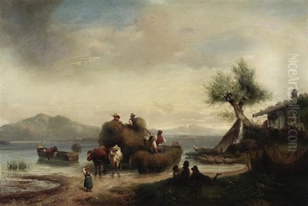 Heuernte Am Chiemsee(?) Oil Painting by Heinrich Marr