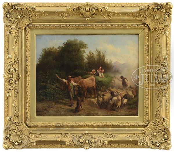 Children In Haywagon Riding Past A Herd Of Sheep Oil Painting by Joseph Heinrich Ludwig Marr