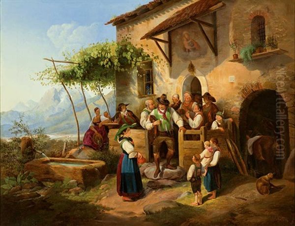 Frohliche Wirtshausszene Vor Sonnenbeschienenem Gasthof Oil Painting by Joseph Heinrich Ludwig Marr