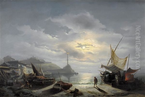 Der Hafen Von Genua Im Mondschein Oil Painting by Joseph Heinrich Ludwig Marr