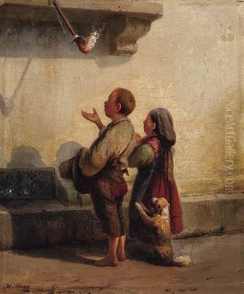 Zwei Bettelkinder Und Ein Kleiner Hund Vor Einem Fenster Oil Painting by Joseph Heinrich Ludwig Marr