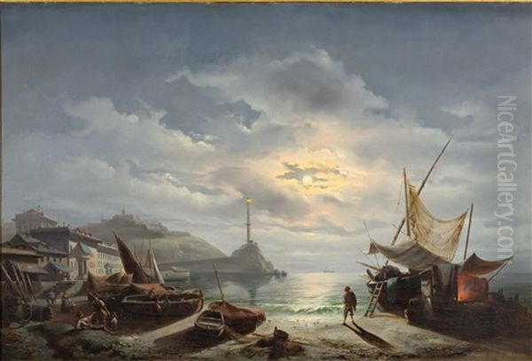 Italienische Nachtliche Hafenszene Oil Painting by Joseph Heinrich Ludwig Marr