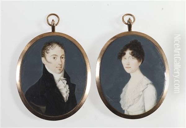 A Pair Of Portrait Miniatures Of A Husband And Wife; The Former, Wearing Black Double-breasted Coat, White Chemise, The Latter, Wearing White Dress With Lace Falling Collar (pair) Oil Painting by Giovanni Marras