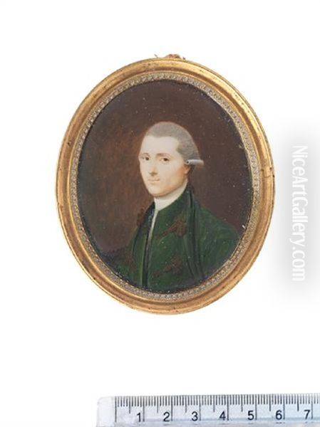 A Gentleman, Wearing Green Coat With Brown Lace And Buttons, White Chemise, Stock And Lace Cravat, His Powdered Wig Worn En Queue Oil Painting by Giovanni Marras