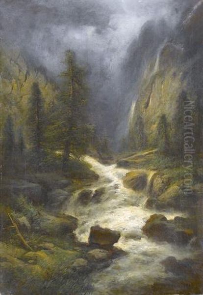 Gebirgsschlucht Mit Wasserfall Im Berner Oberland Oil Painting by Joseph Bernardi