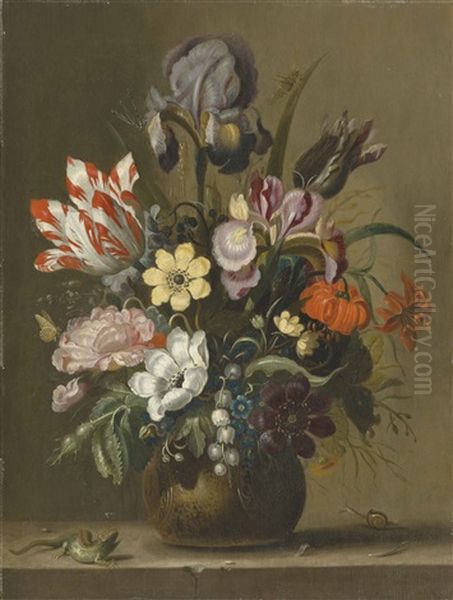 Flowers In A Stoneware Vase On A Ledge With A Lizard And A Snail Oil Painting by Jacob Marrel