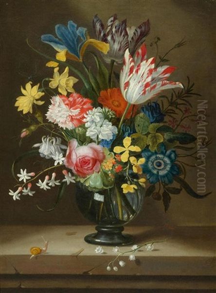 A Flower Bouquet In A Glass Vase, On A Stone Plinth, With A Small Snail Oil Painting by Jacob Marrel