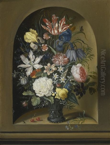 Still Life Of Flowers In A Niche With Cherries, Insects And A Caterpillar Oil Painting by Jacob Marrel