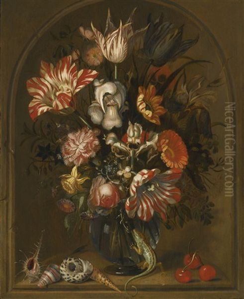 Still Life Of Flowers In A Glass Vase Within A Niche, With Cherries, Shells And A Lizard Oil Painting by Jacob Marrel