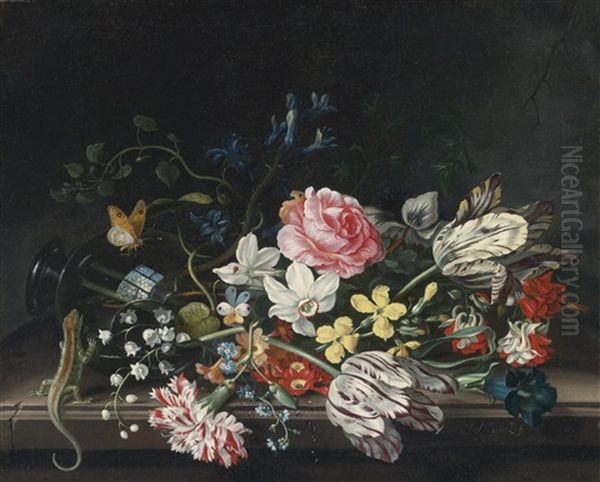 An Overturned Vase Of Flowers Resting On A Ledge Oil Painting by Jacob Marrel