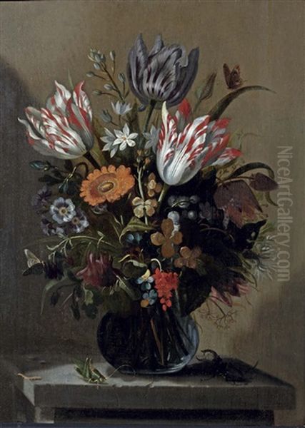 Tulips, Violets, Forget-me-nots And Other Flowers With Butterflies In A Glass Vase, On A Stone Ledge With A Cricket, A Stag Beetle And A Caterpillar Oil Painting by Jacob Marrel