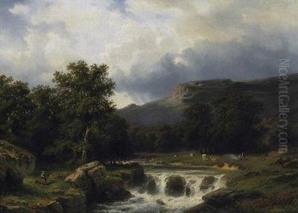 Mountain Brook In Swiss Jura Mountains. Shepherds By The Banks On The Fields. Signed Bottom Right: I. Bernardi Oil Painting by Joseph Bernardi