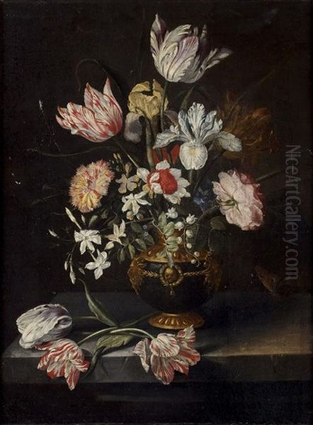 Fleurs Dans Un Vase De Bronze Dore Sur Un Entablement Oil Painting by Jacob Marrel