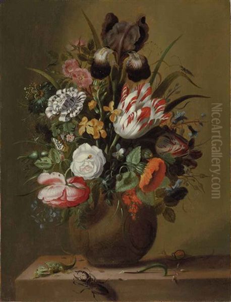 Roses, Tulips, An Iris And Other Flowers In A Stoneware Vase On A Ledge With A Lizard, Stag Beetle And Snail Oil Painting by Jacob Marrel