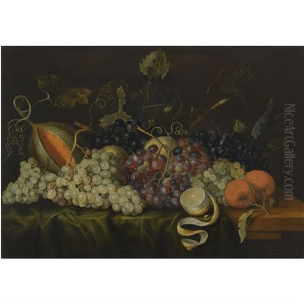 Still Life With Red, Black And Green Grapes On The Vine, Together With Oranges, A Partly-peeled Lemon And A Melon On A Draped Table-top Oil Painting by Jacob Marrel