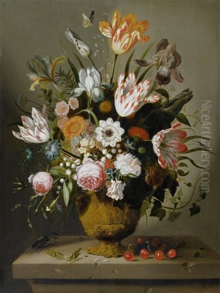 Blumenstilleben In Einer Terracotta-vase Auf Einem Sockel Oil Painting by Jacob Marrel