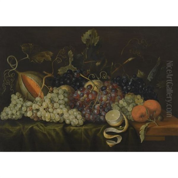 Still Life With Red, Black And Green Grapes On The Vine, Together With Oranges, A Partly-peeled Lemon And A Melon On A Draped Table-top Oil Painting by Jacob Marrel