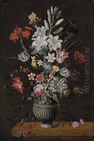 Lilies, Irises, Tulips, Narcissi And Other Flowers In An Urn With A Grasshopper And A Dragonfly On A Stone Ledge Oil Painting by Jacob Marrel