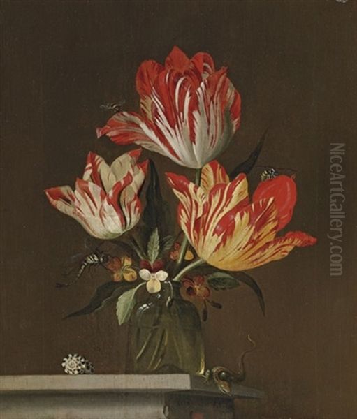 Tulips And Violets In A Vase, With A Shell, A Lizard, A Dragonfly, A Bee And A Wasp, On A Ledge Oil Painting by Jacob Marrel