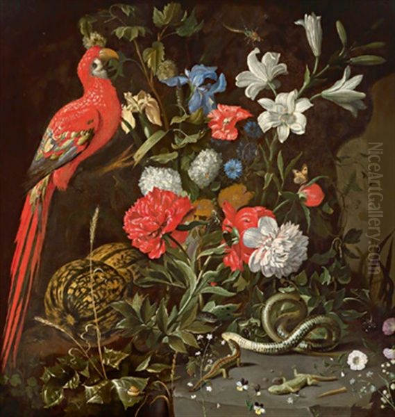 Groses Blumenstuck Mit Melonen, Reptilien Und Einem Papagei Oil Painting by Jacob Marrel