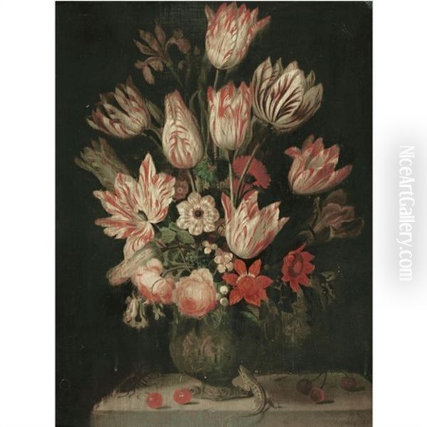 A Still Life Of Tulips And Other Flowers In A Vase On A Marble Ledge, With A Green Lizard Oil Painting by Jacob Marrel