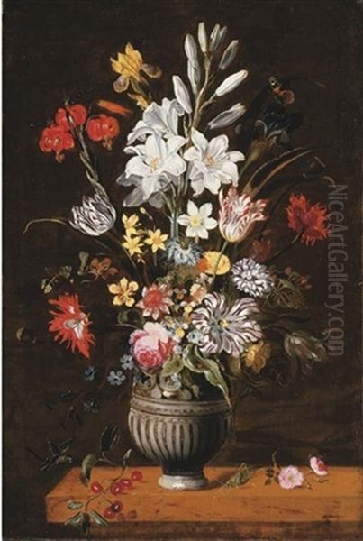 Lilies, Irises, Tulips, Narcissi And Other Flowers In An Urn With A Grasshopper Oil Painting by Jacob Marrel