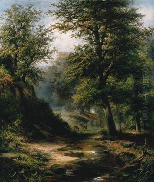 Deer By A Woodland Stream Oil Painting by Joseph Bernardi