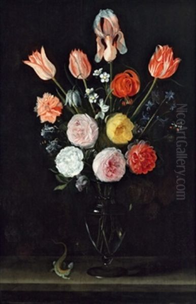 Blumenstraus Mit Rosen, Tulpen, Nelke Und Anderen Bluten In Einer Glasernen Vase, Mit Einer Eidechse Und Einem Schmetterling Oil Painting by Jacob Marrel