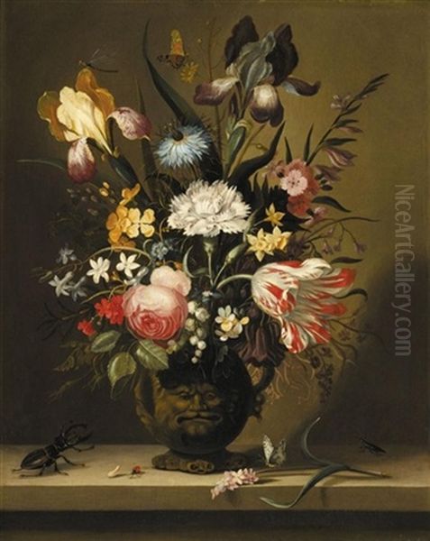 A Still Life Of Flowers, Including A Parrot Tulip, Irises And Roses, In A Grotesque Vase With Insects And A Stag Beetle On A Stone Ledge Oil Painting by Jacob Marrel