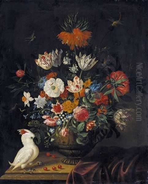 Still Life Of Flowers Including Irises, Roses, A Crown Imperial Lily, Marigolds And Parrot Tulips, In A Sculpted Stone Vase, With A Cockatoo And Dragonflies Oil Painting by Jacob Marrel